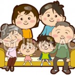 三世代家族がソファに座ったイラスト