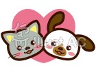 犬と猫　仲良しのイラスト（ピンクのハート）