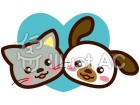 犬と猫　仲良しのイラスト（ブルーのハート）