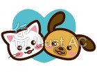 犬と猫　仲良しのイラスト（ブルーのハート）