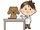 診察台の犬と獣医さんのイラスト