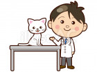 診察台の猫と獣医さんのイラスト