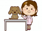 診察台の犬と獣医さんのイラスト