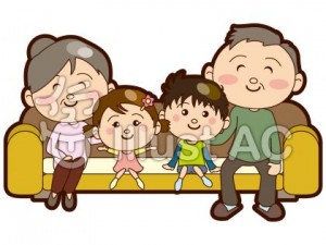 ソファに座った家族のイラスト　祖父母と孫
