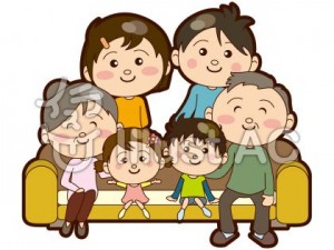 三世代家族がソファに座ったイラスト