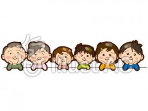 頬杖をつく家族のイラスト　三世代